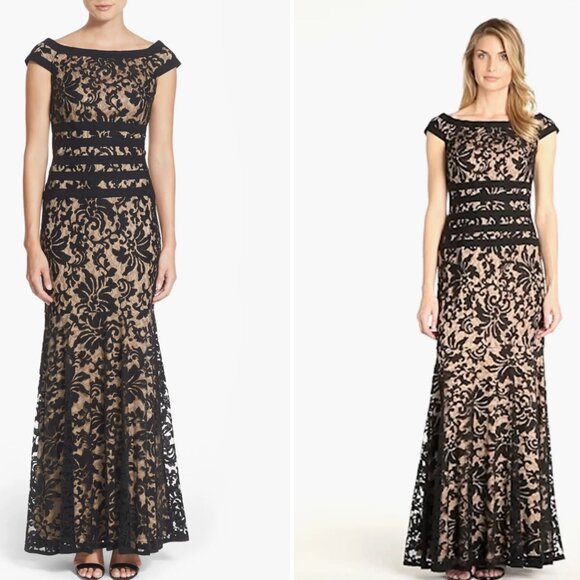 Tadashi Shoji Black Lace and Nude Evening Dress - Picture 1 of 10